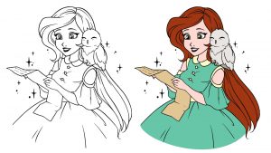 Princesa para colorir simples com passarinho-1