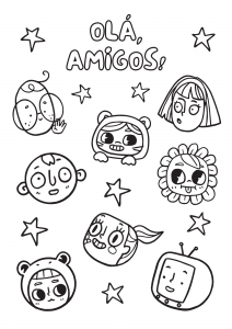 Preto e Branco Amigos Alinhado Pessoas Folha de Atividade de Colorir