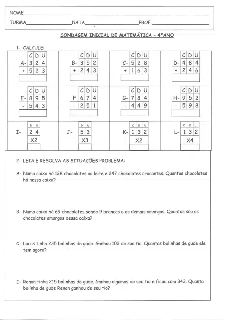 Atividades de matemática 4º ano