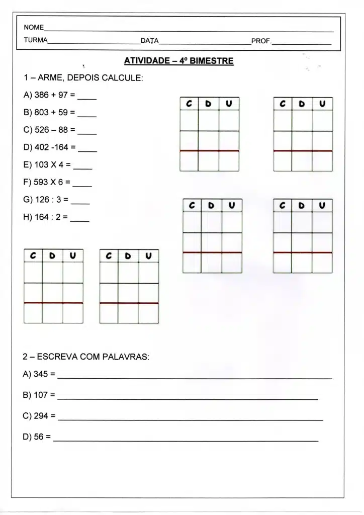 Atividades de matemática 4º ano