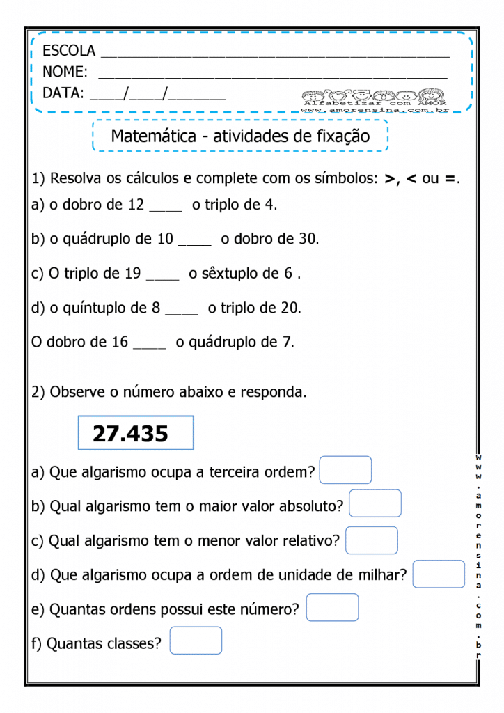 Atividades de matemática 4º ano