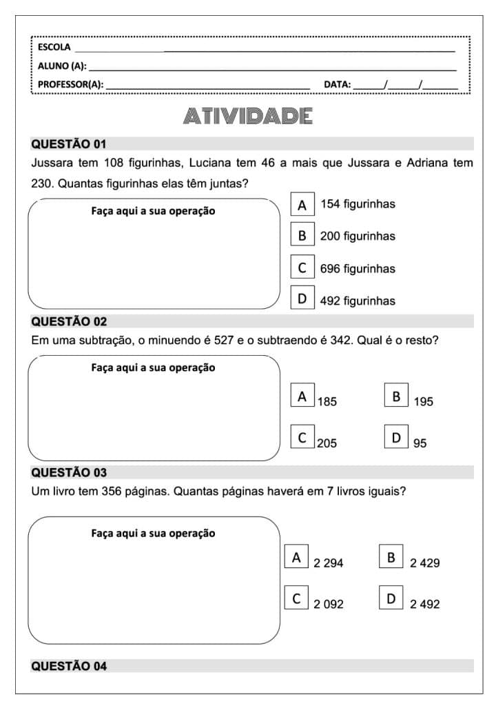 Atividades de matemática 4º ano