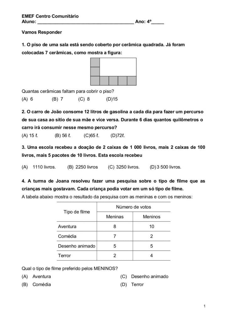 Atividades de matemática 4º ano