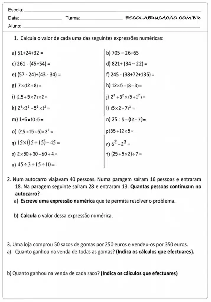 Atividades de matemática 5º ano