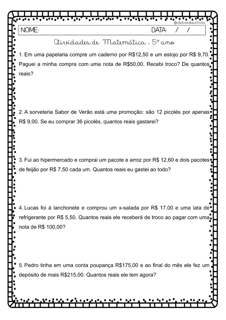 Atividades de matemática 5º ano